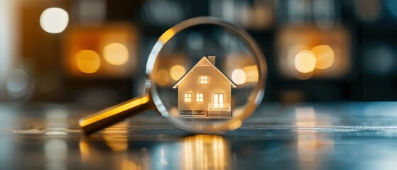 Fototapeta premium A house model is viewed through a magnifying glass, symbolizing real estate search and investment opportunities.