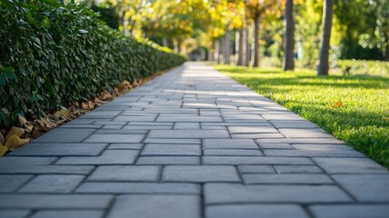 Fototapeta premium Background of a pedestrian sidewalk with smooth pavers, bordered by a low concrete wall and greenery