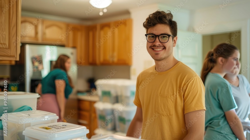 Poster parents and student sorting through dorm room supplies and essentials on move in day at university c