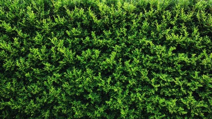 Green thuja tree hedge, forming a dense, natural boundary in a garden. Ideal for privacy and outdoor design imagery.