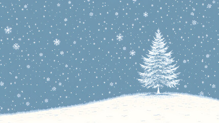 Obraz premium Pale Sky Blue Background with Subtle Snowflake Pattern and Minimalist White Pine Tree Outline, Evoking a Serene, Wintry Landscape. 