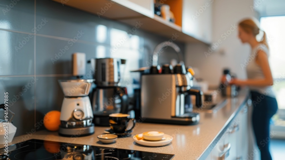 Poster family setting up compact coffee maker on dorm counter for early morning routine on university move 