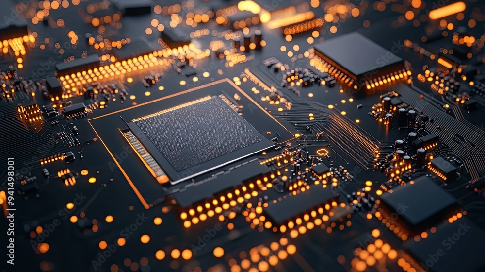 Poster close-up of a circuit board with neatly soldered components, representing the intersection of engine
