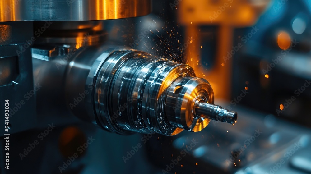 Poster close-up of a cnc machine cutting a metal part, representing precision machining in engineering