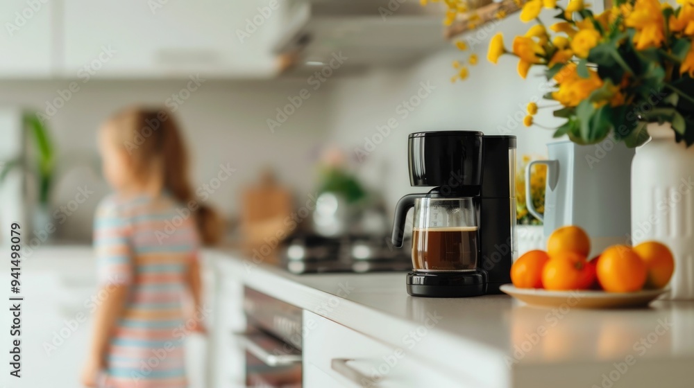 Poster family placing small coffee maker on dorm counter on move in day preparing for early mornings and bu