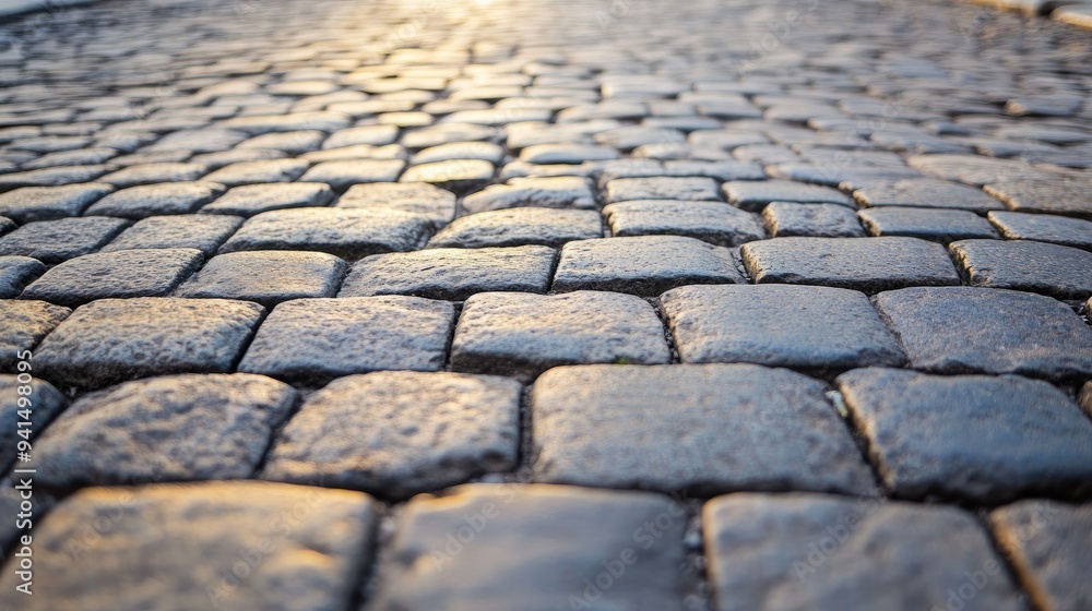 Poster close-up of a cobblestone street, with interlocking stones creating a durable and aesthetically plea