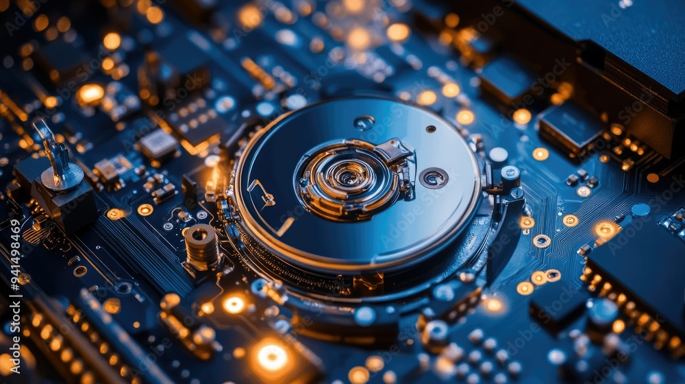 Poster close-up of a hard drive with exposed platters and intricate mechanisms, highlighting the inner work