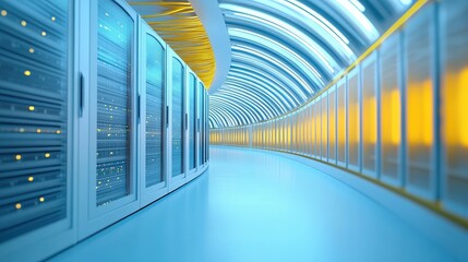 Futuristic Server Room with Curved Walls and Glowing Lights