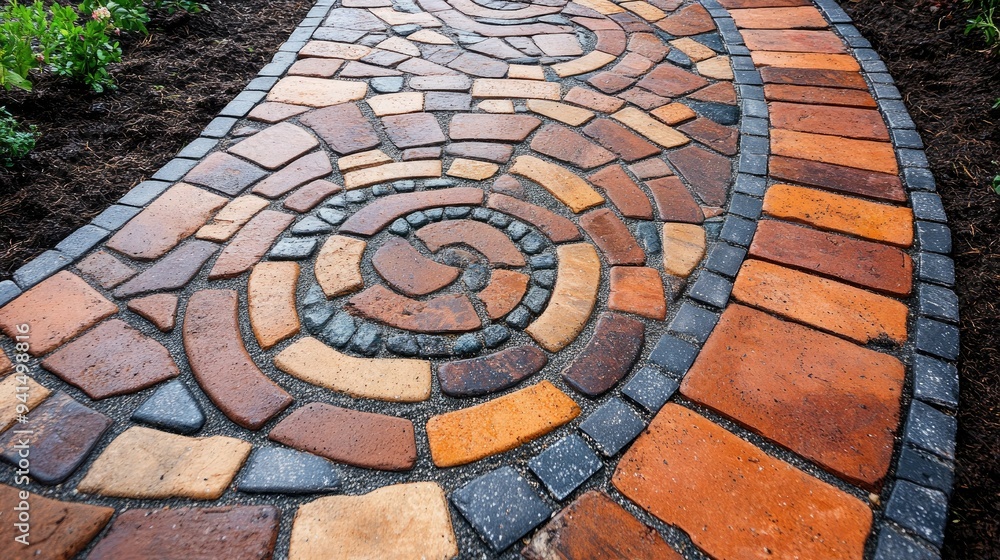 Poster close-up of a newly laid brick pathway with intricate patterns, showcasing craftsmanship and precisi
