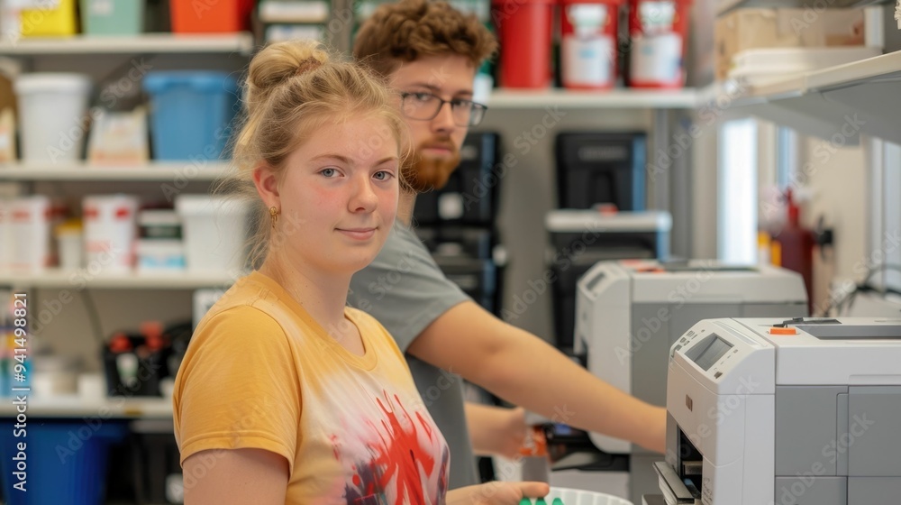 Poster student and parent setting up printer and office supplies on move in day preparing for academic proj