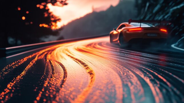 Depict the dynamics of braking before sharp turns in touge racing, emphasizing the balance between speed and control on mountain roads