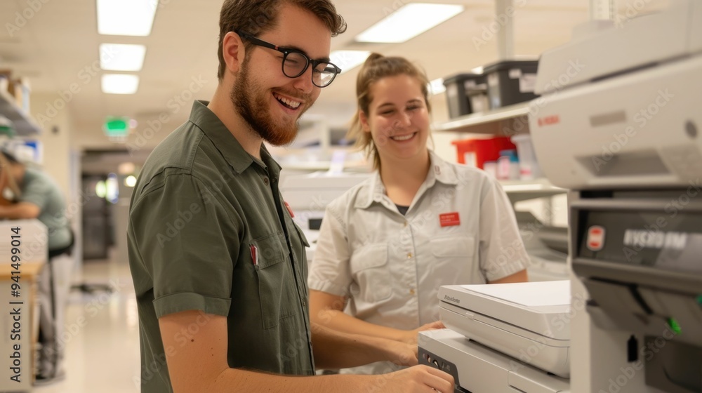 Poster student and parent setting up printer and office supplies on move in day for academic projects and c