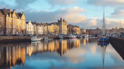 Fototapeta premium Beautiful waterfront view of boats and historic buildings at sunset