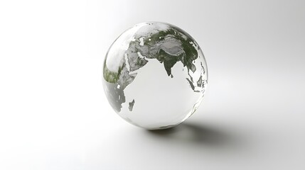 CG Transparent Globe: A CG-rendered transparent globe, with continents subtly etched on its surface, floating on a white background.
