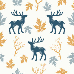 Deer seamless pattern silhouette style with trees and snowflakes