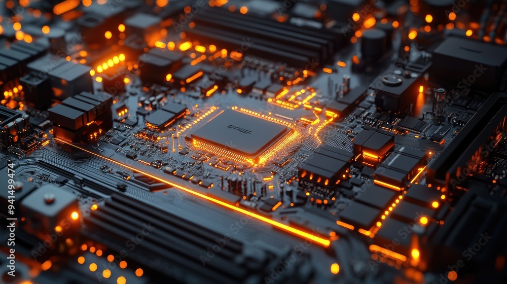 Poster close-up of a sleek motherboard with glowing circuits and neatly arranged components, capturing the 