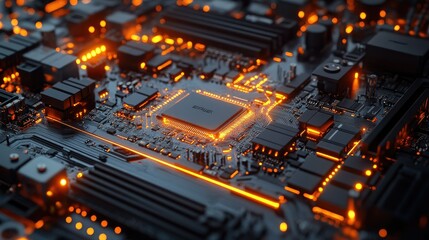 Fototapeta premium Close-up of a sleek motherboard with glowing circuits and neatly arranged components, capturing the essence of modern computer technology