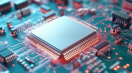 A close-up of a computer chip on a circuit board, glowing with red light. The intricate detail of the chip and board highlight the complexity of modern technology.