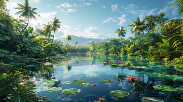 A beautiful tropical scene with a large body of water and palm trees