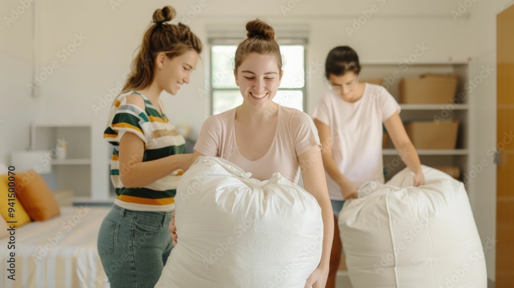 Poster family members arranging a bean bag chair in a dorm room on move in day creating a comfortable and r
