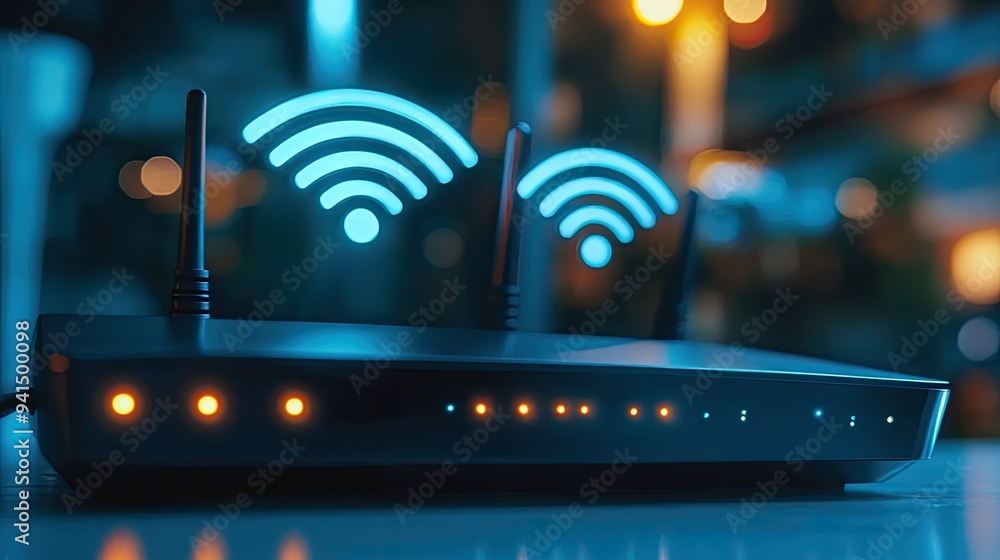 Poster close-up of a wi-fi router with glowing led indicators, symbolizing wireless connectivity in modern 