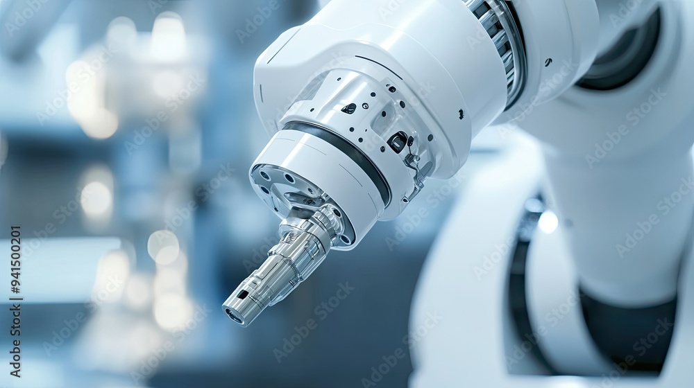 Poster close-up of an industrial robot arm with precision joints, representing automation in engineering