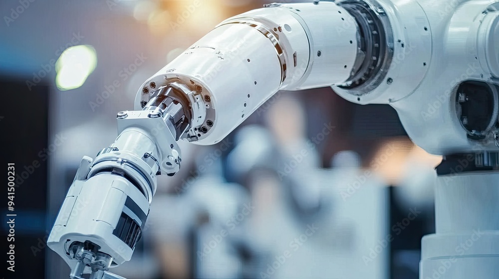 Poster close-up of an industrial robot arm with precision joints, representing automation in engineering