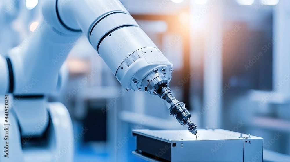 Poster close-up of an industrial robot arm with precision joints, representing automation in engineering