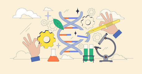 Genetic engineering as DNA sequencing and editing tiny neubrutalism concept. Biotechnological process with gene cloning and research vector illustration. Scientific helix genome structure research.