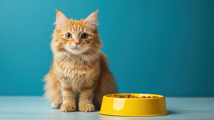 Cat and food bowl on clean background with space for text or graphic design.