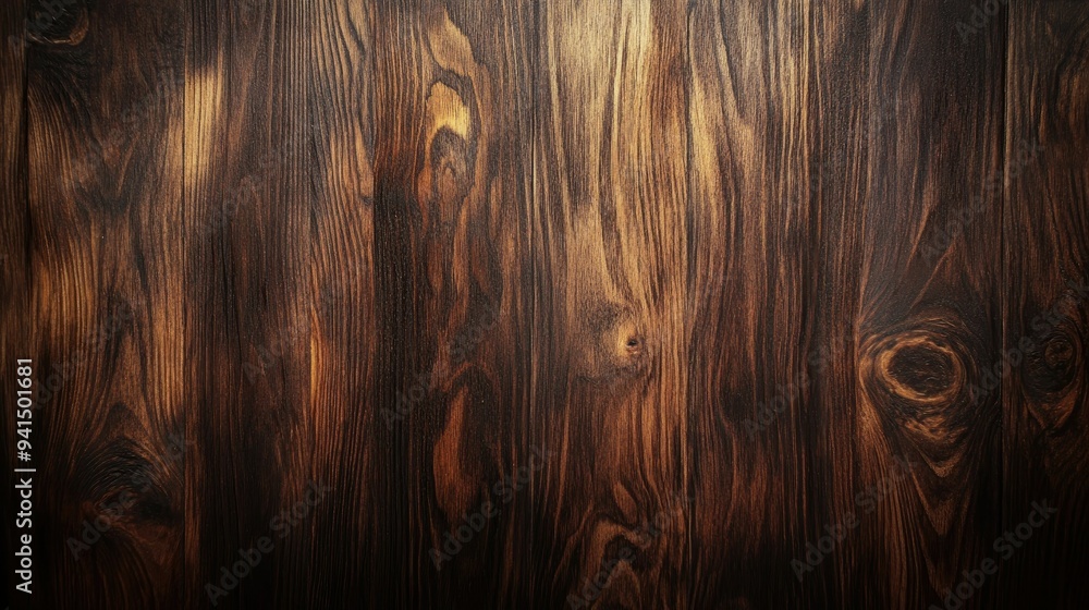 Poster dark-stained wooden surface with rich grain patterns and a smooth finish, creating a sophisticated a