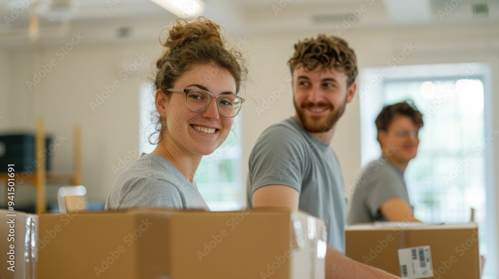 Poster students and their parents work together to unpack and set up a sound system on move in day creating