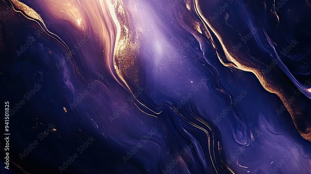 Poster fluid abstract background with metallic textures and deep colors, creating a luxurious and modern fe
