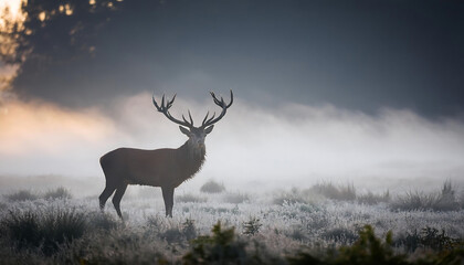 Naklejka premium red deer stag majestic red deer stag silhouetted mist