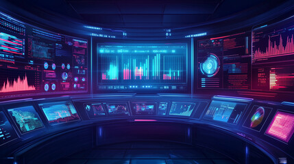 Obraz premium High-tech control room with multiple screens displaying real-time data and charts, illuminated by blue LED lights