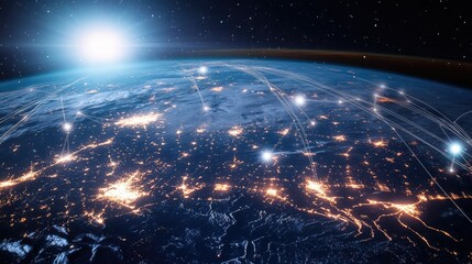 Global network of satellites and communication lines connecting major cities, illustrating the power of international connectivity