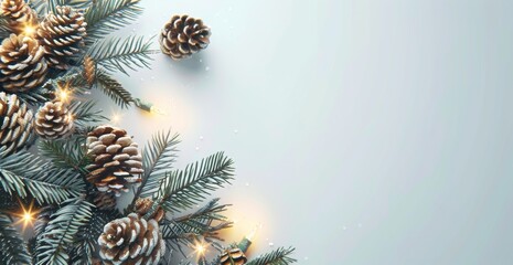 Transform your surroundings into a tranquil holiday setting by using twinkling Christmas lights on green pine branches with pinecones, spreading joy and warmth to all celebrations