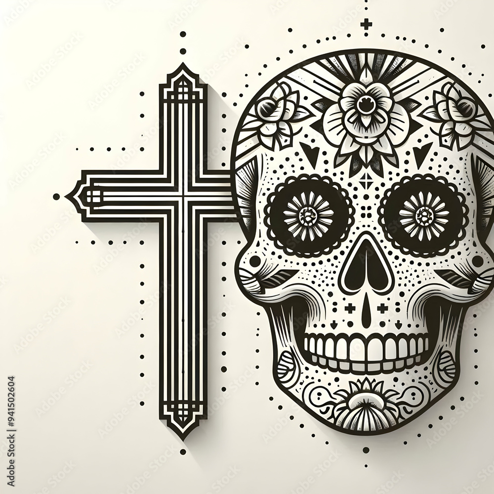 Poster Cross and Sugar Skull Vector concept as A minimalistic vector featuring a cross and a sugar skull isolated on a white background. The clean lines and simple design emphasize the spiritual and symbolic