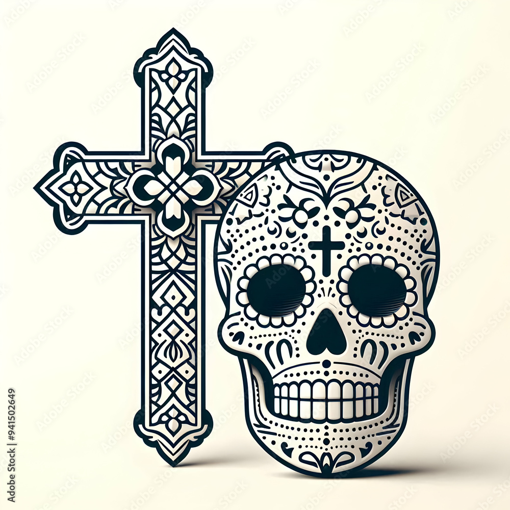 Poster Cross and Sugar Skull Vector concept as A minimalistic vector featuring a cross and a sugar skull isolated on a white background. The clean lines and simple design emphasize the spiritual and symbolic