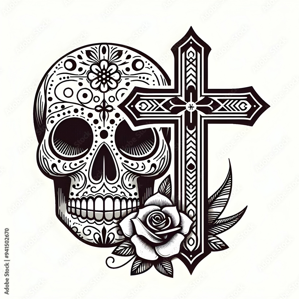 Poster Cross and Sugar Skull Vector concept as A minimalistic vector featuring a cross and a sugar skull isolated on a white background. The clean lines and simple design emphasize the spiritual and symbolic