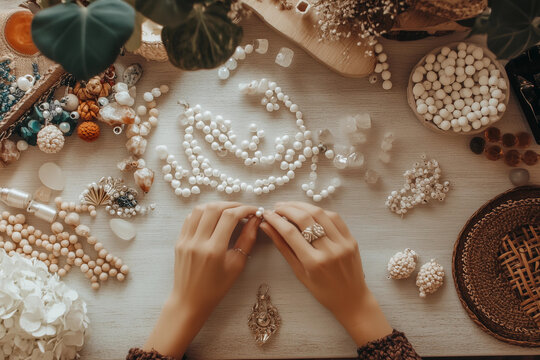 Female hands crafting pearl jewelry overhead view beadwork simple creative modern design handmade DIY project artisan workspace white natural sea pearls accessory making tools learning crafts banner 