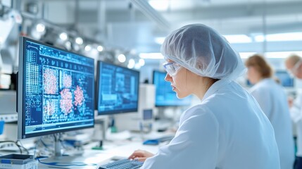A scientist in a lab coat and hairnet works on a computer, focused on a screen filled with data. The image conveys a sense of technological advancement and innovation.