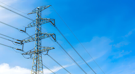 A high-voltage electric pole in the blue sky with a replica of space. The concept of energy supply.