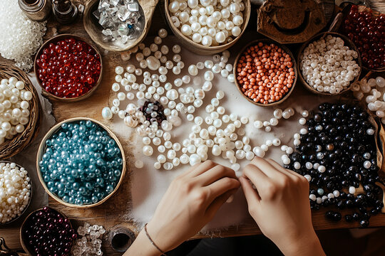 Delicate young female hands crafting white pearl jewelry beading project colorful plastic glass beads artisan workspace DIY design creative process above view craft desk setup space creating beading