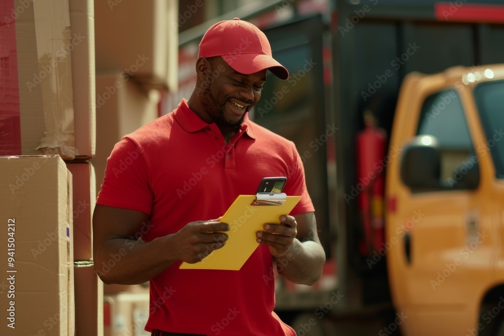Aufkleber Smiling delivery worker in red uniform looking at smartphone while holding clipboard. Stacks of boxes and a delivery truck in the background, indicating logistics and shipping activity.