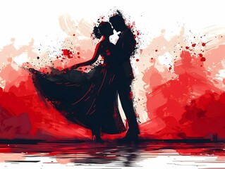 A couple dances intimately in a swirling red and black abstract background, capturing passion and...