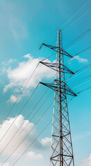 A high-voltage electric pole in the blue sky with a replica of space. The concept of energy supply.