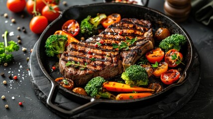 A juicy steak served with various vegetables on a plate, perfect for a meal or dinner