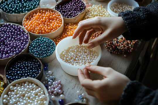 Lady hands crafting jewelry colorful beads sorting pearl glass orange purple teal white in bowls artisan workspace desk DIY beadwork creative process handmade design custom project banner workshop ad