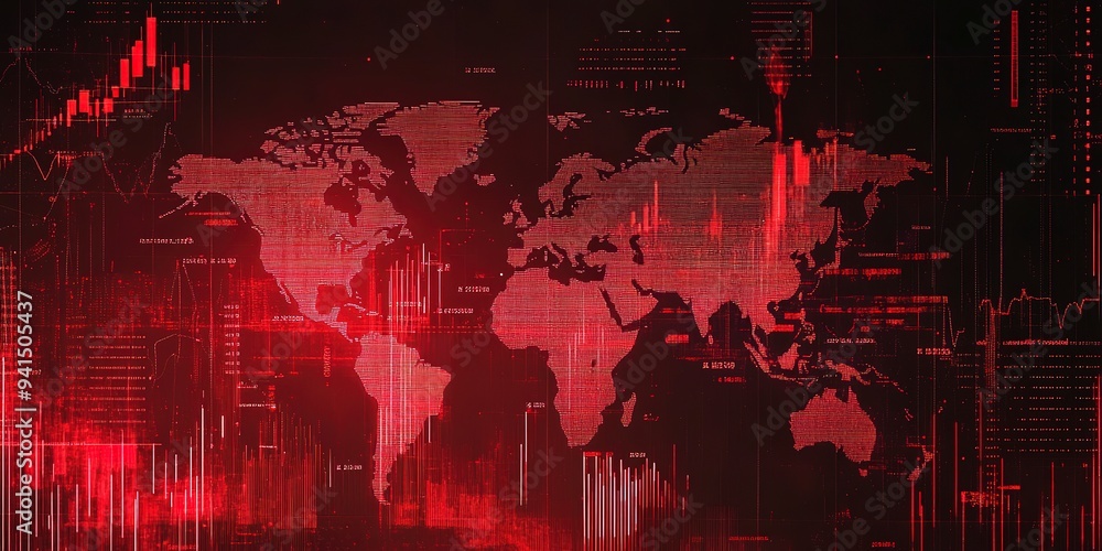 Poster a red-hued digital world map overlaid with declining financial graphs symbolizing a global economic 